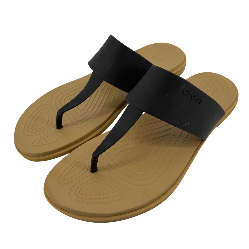 Crocs Tulum Flip Flop Sandal Tan Black Women 10 Slip On Casual Comfy Beach Vacay